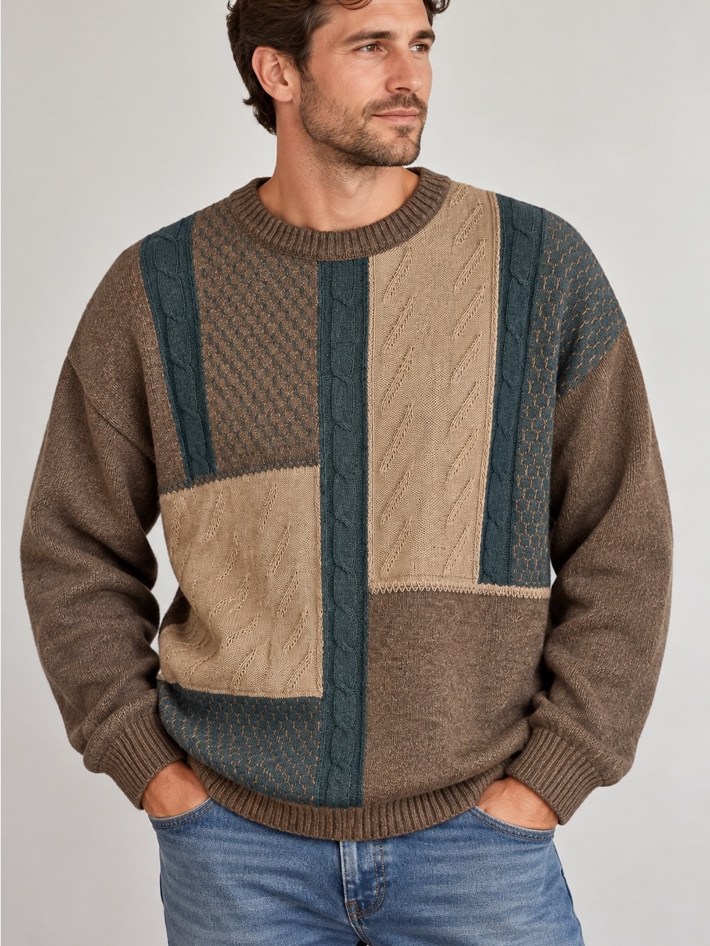 Vintage St Croix Men’s L Wool Patchwork Sweater Cable Knit Grandpa 80s Made USA